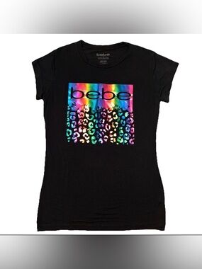 bebe Womens Logo SS T-Shirt M Rainbow Foil Leopard Print Graphic Jersey Shore